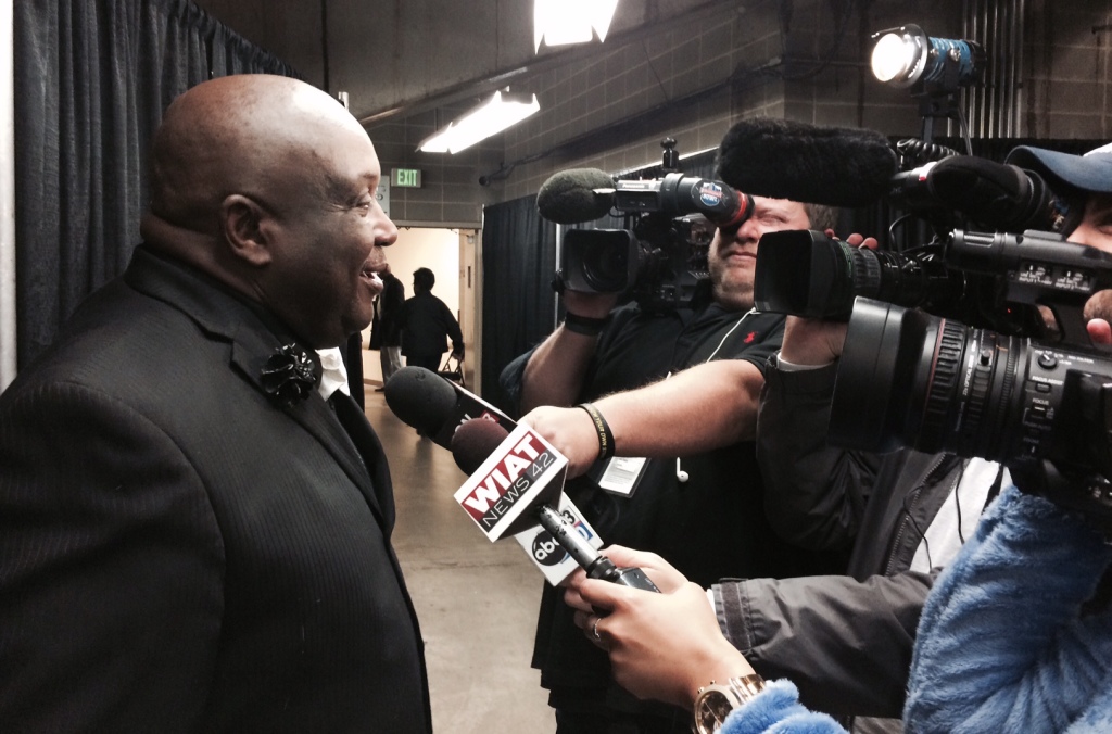 Emanuel Bell talks to the Birmingham after his Lady Dragons beat Brewbaker Tech 49-29. (Photo by Chanda Temple) 