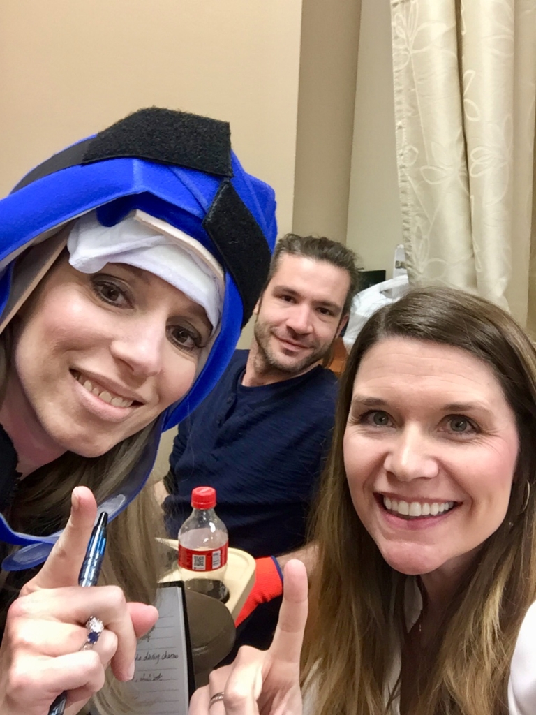 Deidra Sanderson, left, with her brother, Ben, and Becky Holt, right, as she tried "cold capping' for the first time during her chemotherapy treatments to save her hair in February 2018. (Photo provided by Deidra Sanderson) 