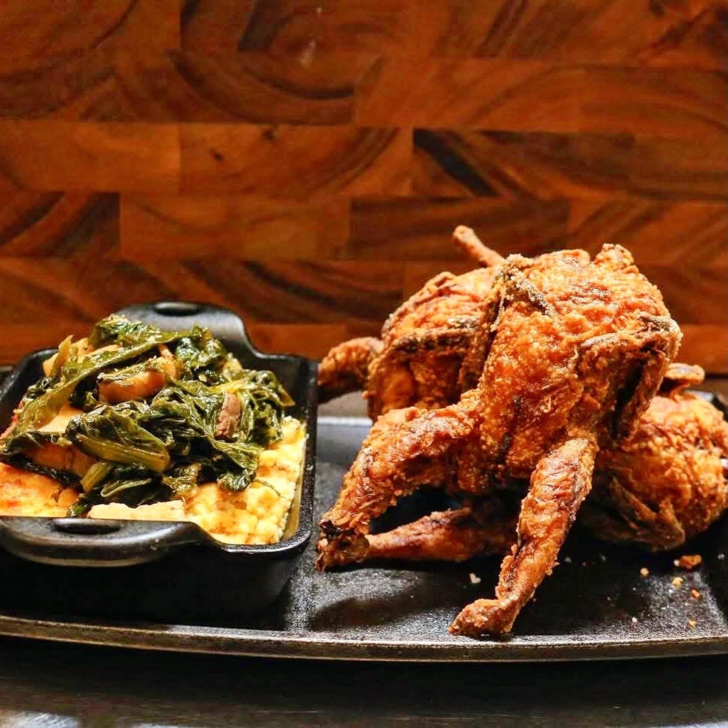 The chicken fried quail, cornbread pudding and greens from Hassan Gooden. (Photo from Hassan Gooden) 