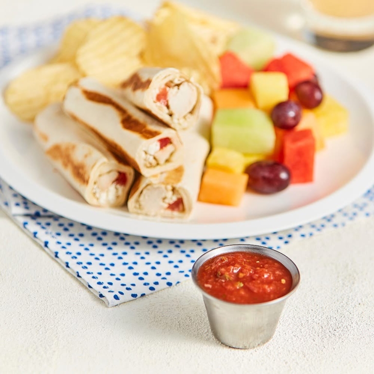 The chicken roll-ups, fruit, chips and salsa from Taziki's in Birmingham, AL.(Photo from Taziki's Facebook page)